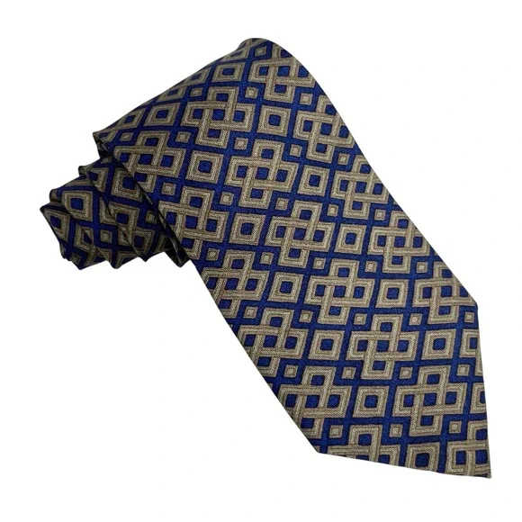Hermes Men's Tie Geometric Navy Blue & Olive Green Silk 7656 TA 3.5 (W) 58 (L)